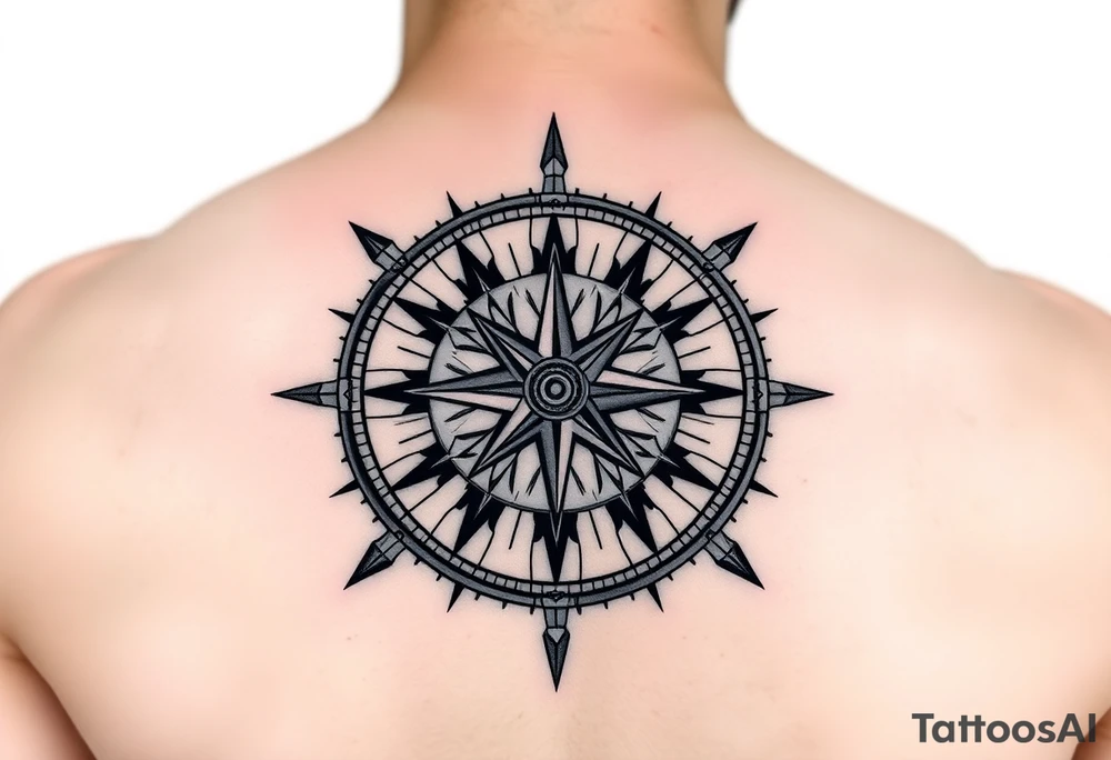 Geometric compass merged with mechanical engine design, compass rose showing different emotional/mental states instead of directions, needle that points to current state, engine runs on discipline/sacrifice but compass ensures correct navigation, pressure chambers only activate when compass shows balanced position, represents using pain as fuel ONLY when properly oriented, geometric patterns show harmony when aligned, disrupted patterns when off-balance, black and grey with subtle brass/gold for compass elements, symbolizes the wisdom to pause and recalibrate before taking action, upper arm placement tattoo idea