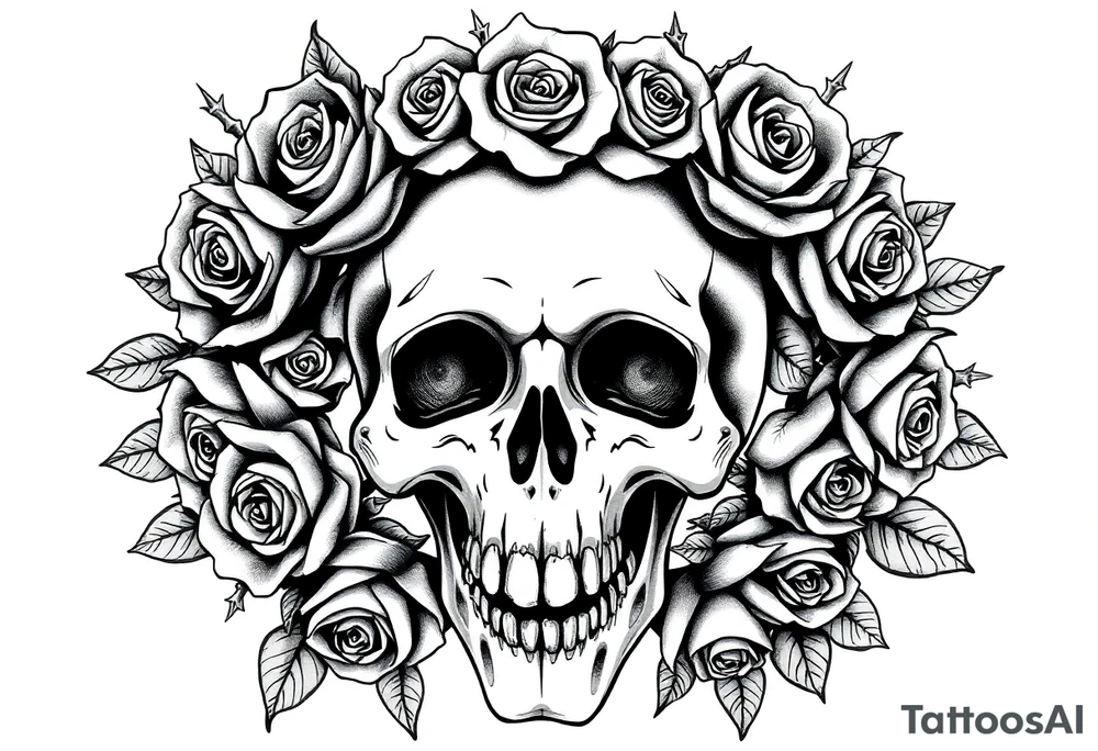 ornate skull adorned with crown of wild roses and thorns tattoo idea