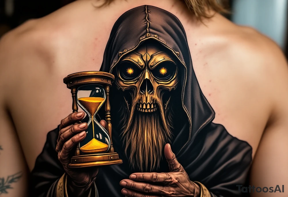 Plague Doctor with Hourglass – A mysterious doctor holding an old wooden hourglass with golden sand flowing inside. The mask is deep brown with brass accents, and the robe is black with silver lining. tattoo idea