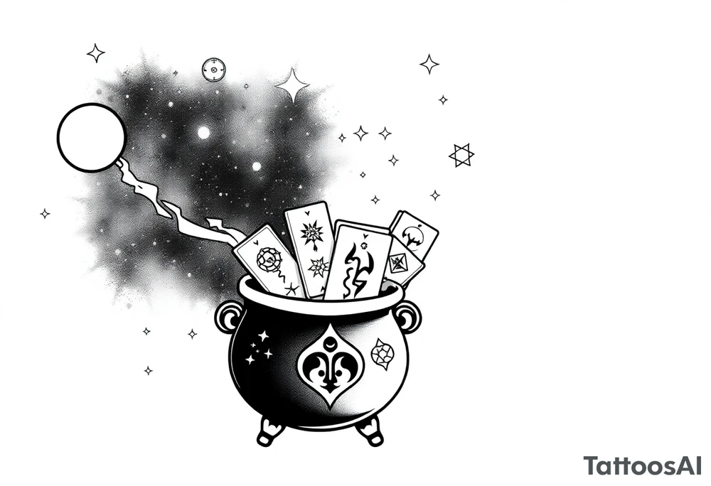 Milky way galaxy filled with zodiac symbols runes tarot cards coming out of a cauldron tattoo idea