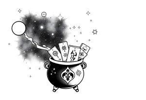 Milky way galaxy filled with zodiac symbols runes tarot cards coming out of a cauldron tattoo idea
