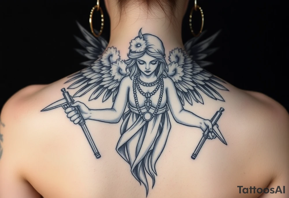 tattooed criminal-style angel statue, weapons in hand, gangster-style gold necklaces tattoo idea