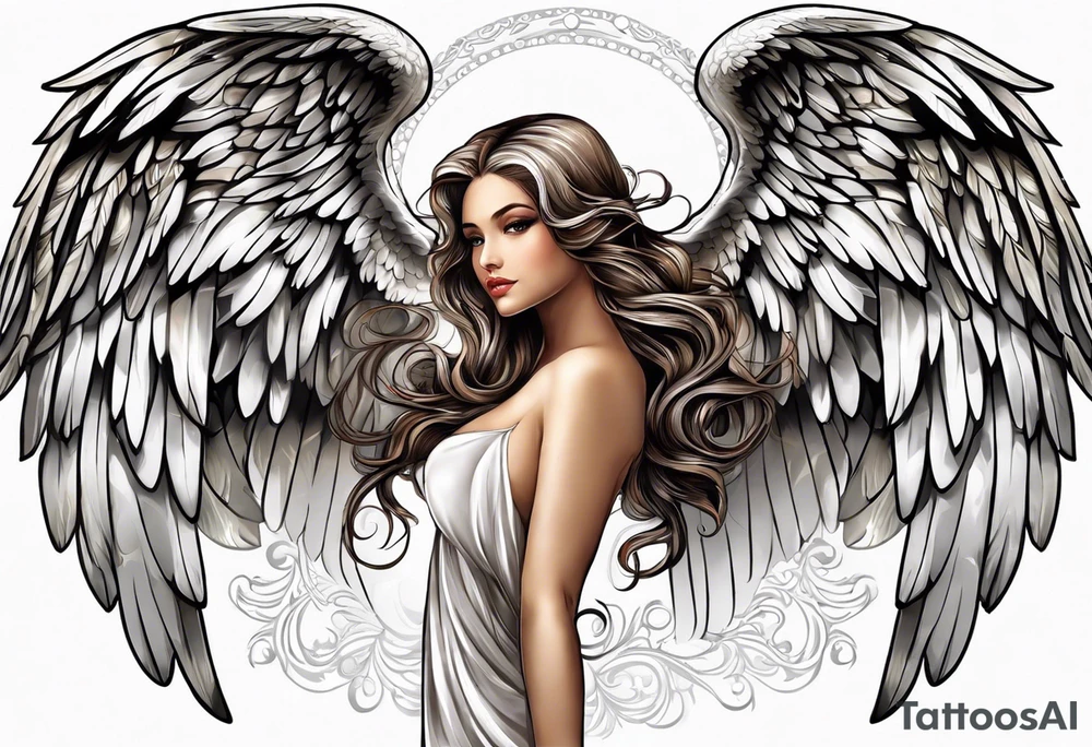 beautiful angel wings. with flilgree in the background tattoo idea