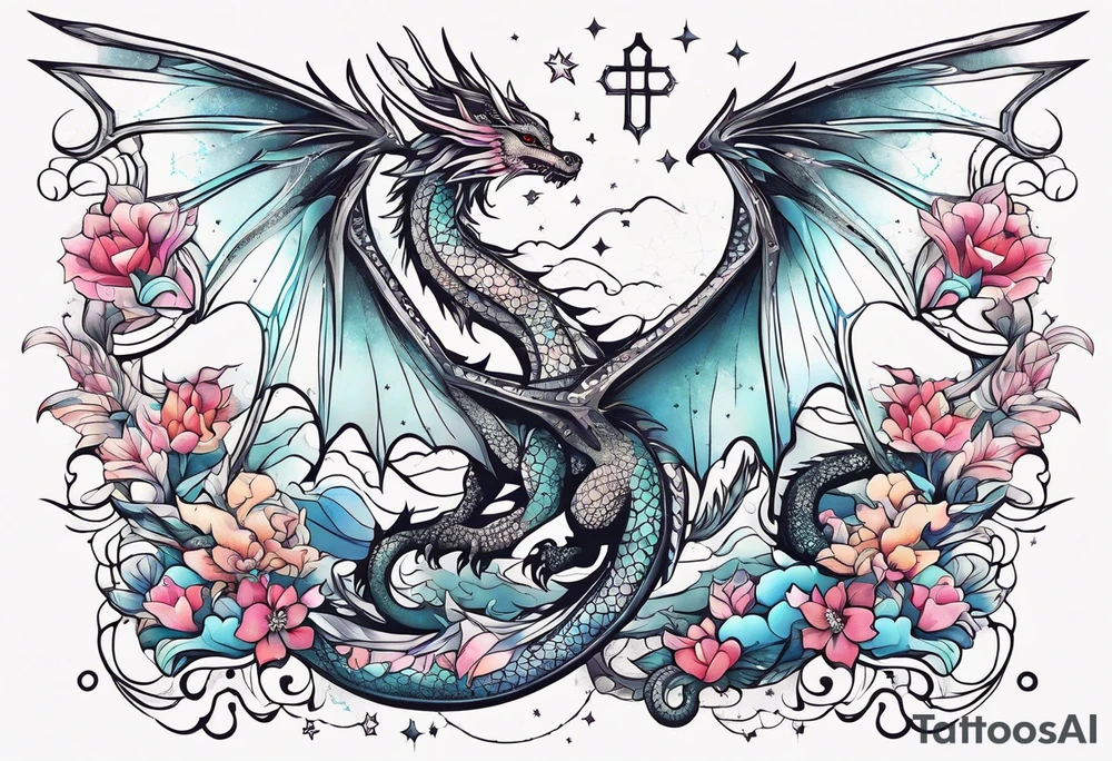 Constellation, wing , snow , cross , dragon japan kawaii tattoo idea