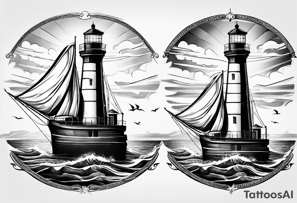maritime lighthouse with 2 large sails attached. tattoo idea