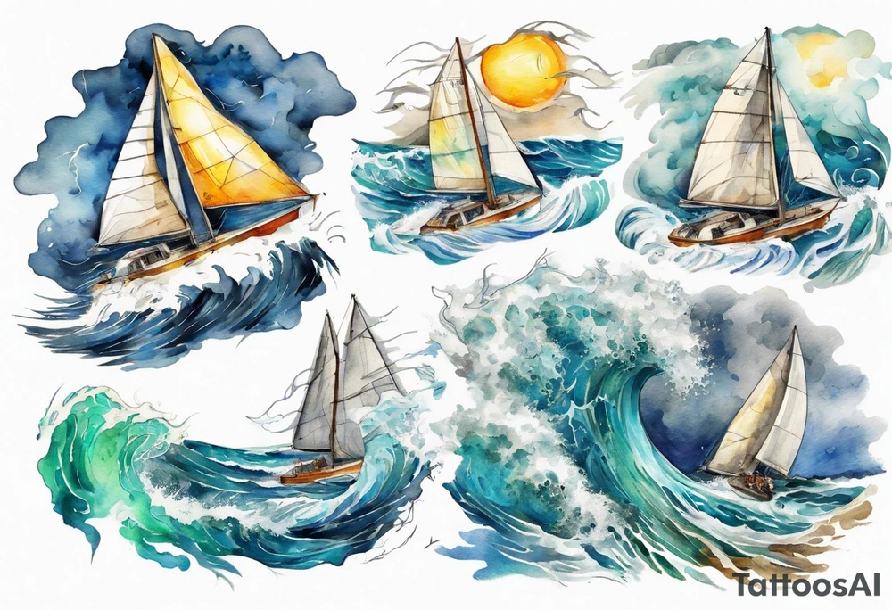 Sailing Catamaran in Rough weather and waves tattoo idea