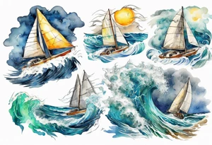 Sailing Catamaran in Rough weather and waves tattoo idea