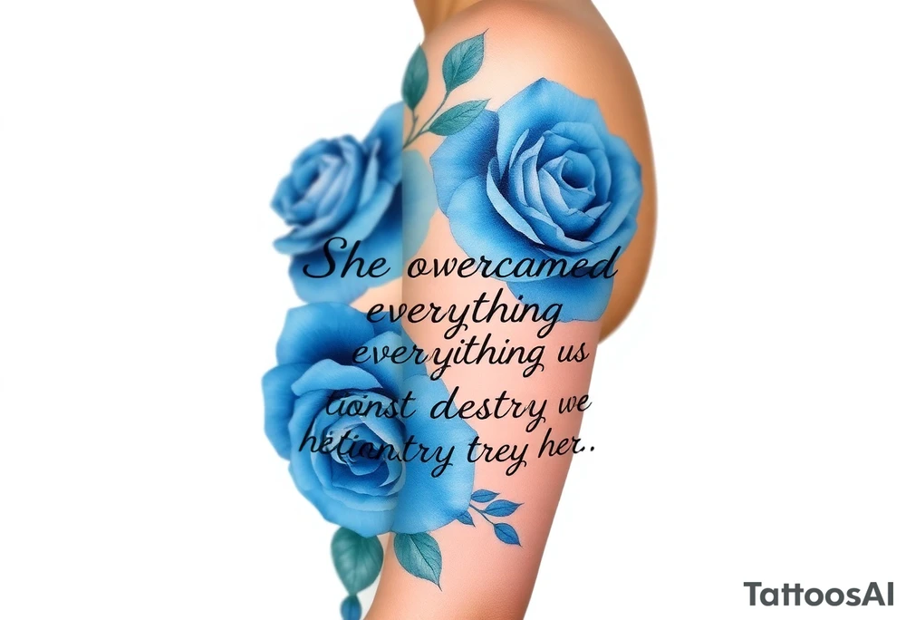 blue roses with the quote She overcame everything that tried to destroy her tattoo idea