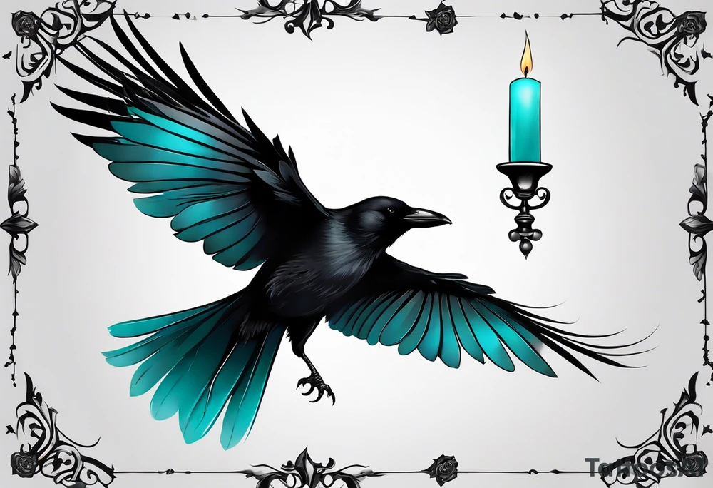 Gothic crow with teal and black feathers flying holding a candle with a star lite background tattoo idea