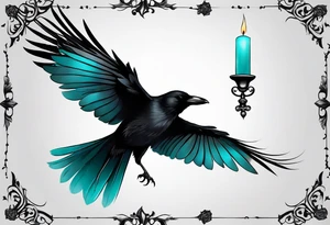 Gothic crow with teal and black feathers flying holding a candle with a star lite background tattoo idea