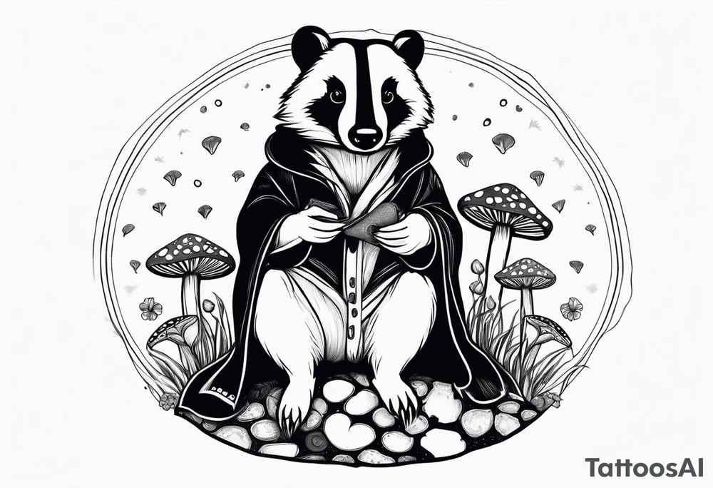 Badger in a coat sitting on a mushroom tattoo idea