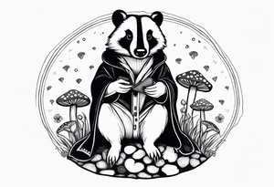 Badger in a coat sitting on a mushroom tattoo idea