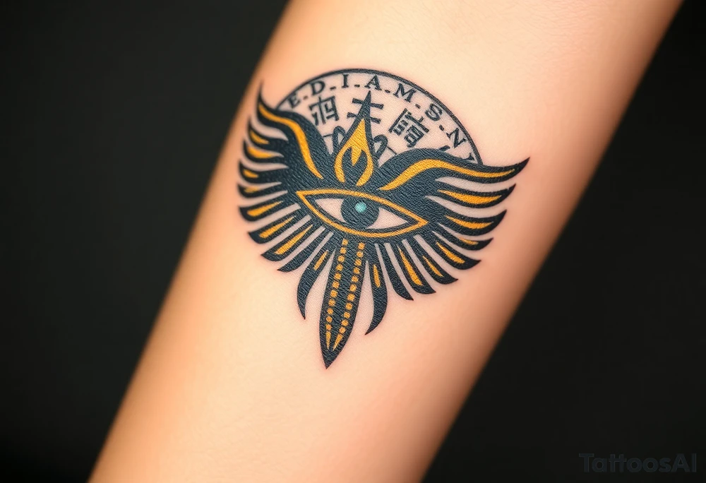 A bold black and gold Eye of Horus, with intricate hieroglyphs in the background tattoo idea