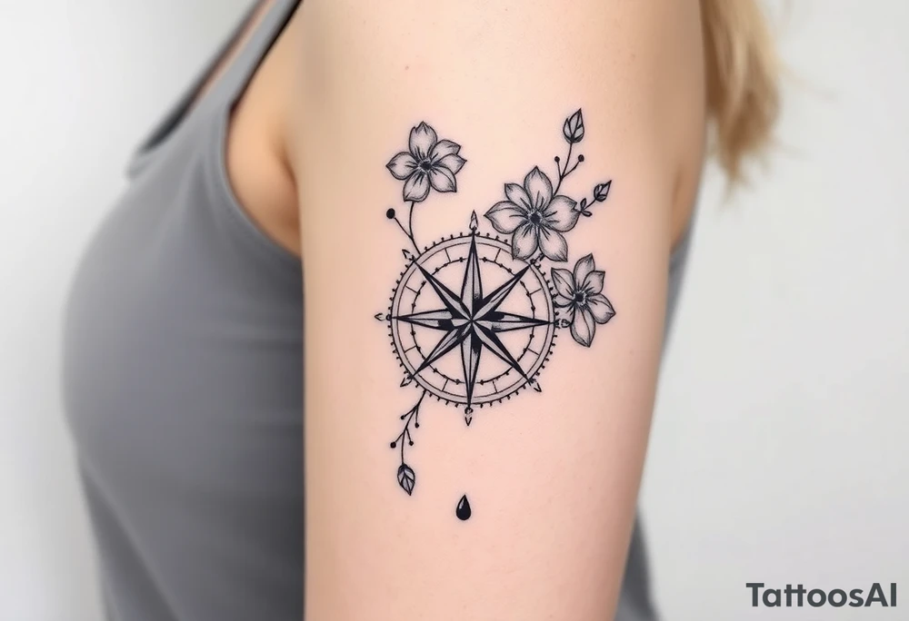 Abstract Compass with large wild flowers flowing above and below the compass tattoo idea