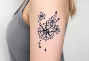 Abstract Compass with large wild flowers flowing above and below the compass tattoo idea