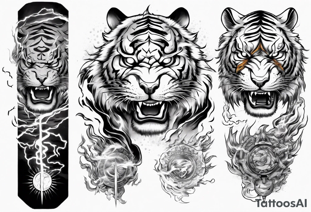 Tiger warrior with lightning and the sun for a forearm sleeve tattoo idea