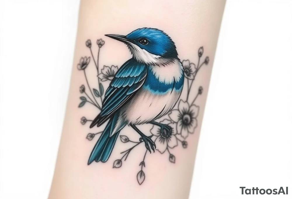 Angry bluebird surrounded by wild flowers tattoo idea