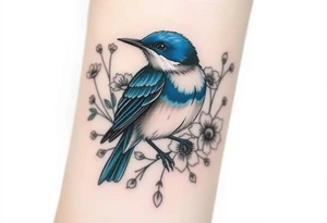 Angry bluebird surrounded by wild flowers tattoo idea