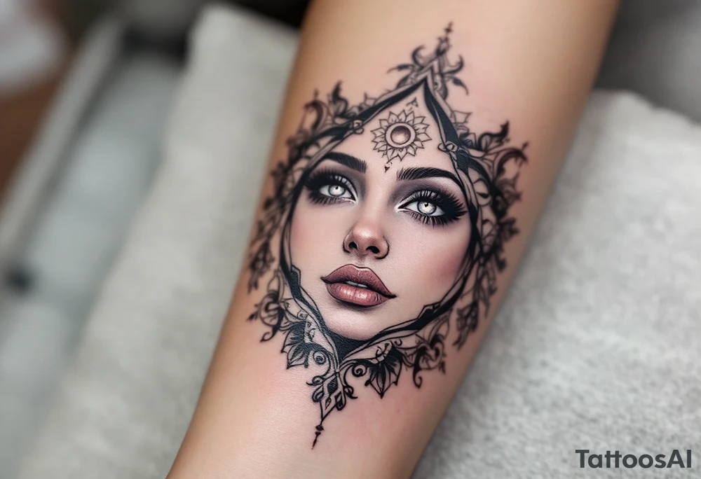 beautiful woman dmt deity eyes white and 3rd eye open with mandala fully behind head tattoo idea