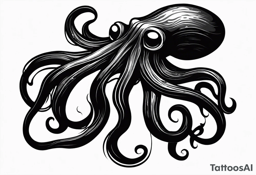 A visual representation of the horror squid concept, showing the squid becoming invisible in ink, its body turning black to blend in with its deep sea environment. The overall environment is dark, creating an eerie underwater atmosphere. tattoo idea