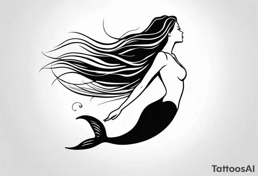 mermaid, long hair, diving like a dolphin face in profile tattoo idea