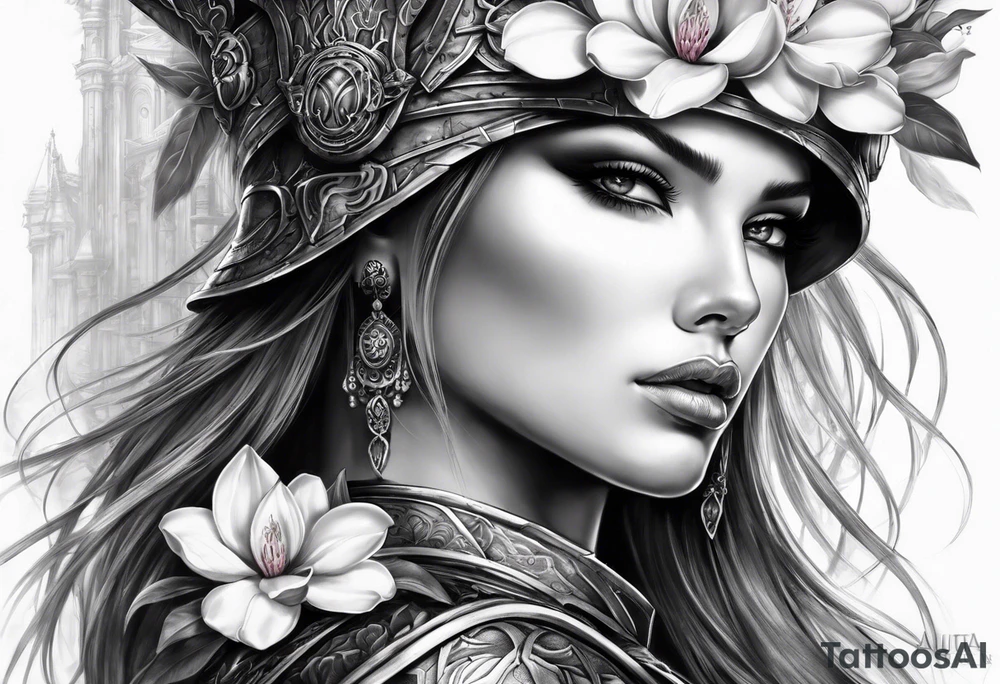 female warrior face with magnolias tattoo idea