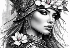 female warrior face with magnolias tattoo idea