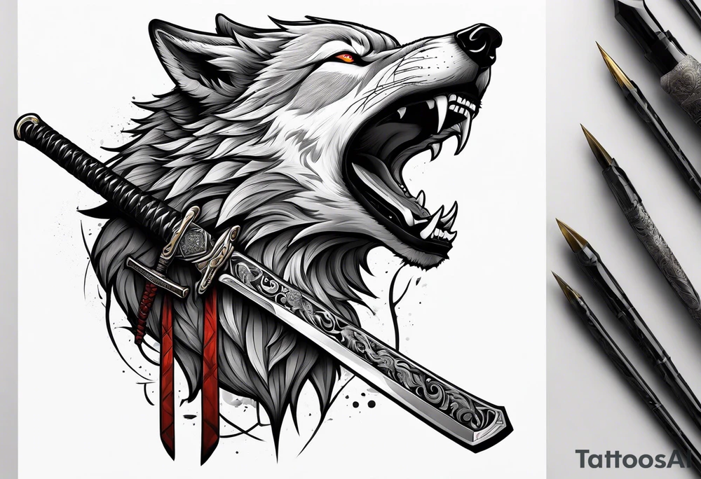 wolf head with katana in mouth tattoo idea