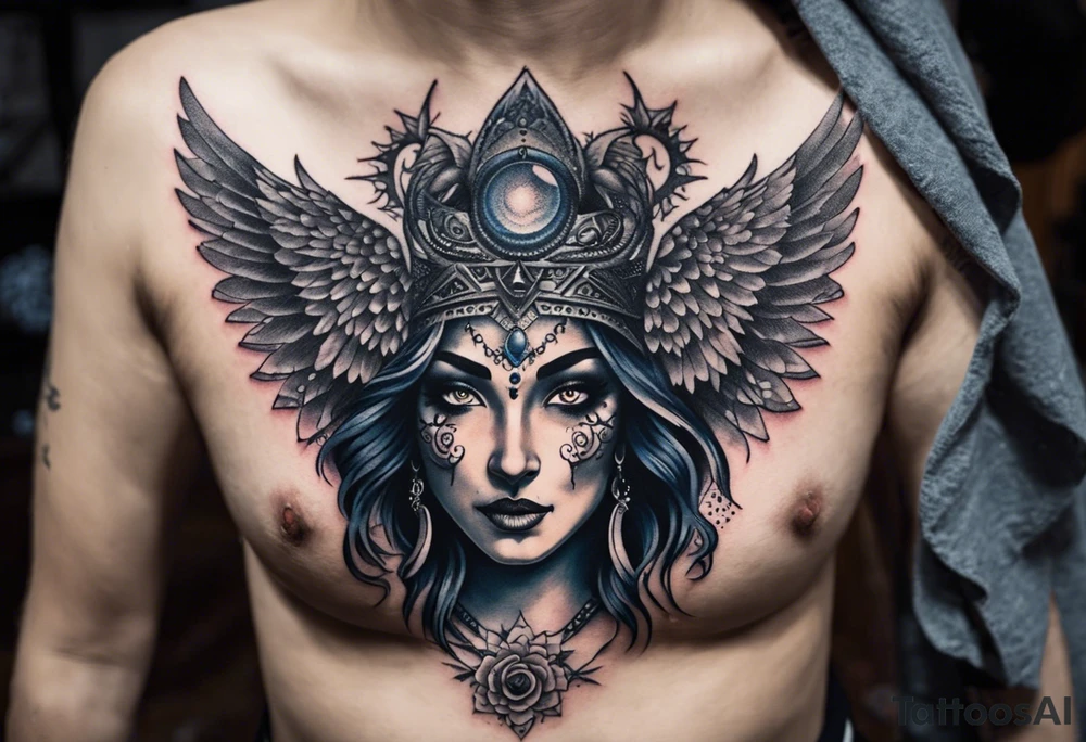black kali, goddess pirate, alien, angel, pachamama, valkrye, warrior, flying, skull, lotus azul, wing, eagle, zenza resonance, stars, 5D, anahata chakra, death, durga, riding on a tiger, flying lady, kundalini, chest tatoo, rebel tattoo idea