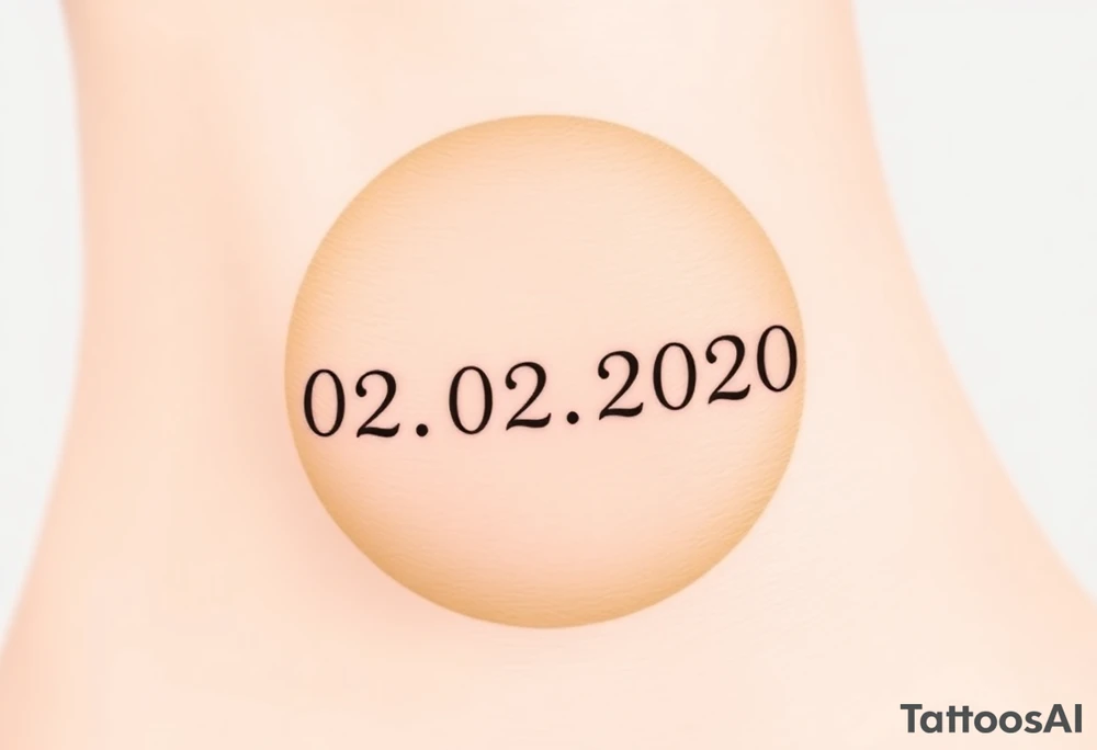 Simple 02.02.2020 in thin uppercase type and a muted olive green circle behind it. tattoo idea