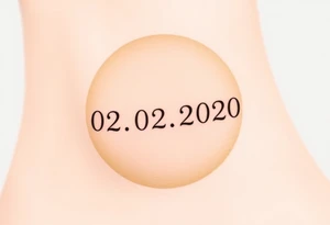 Simple 02.02.2020 in thin uppercase type and a muted olive green circle behind it. tattoo idea