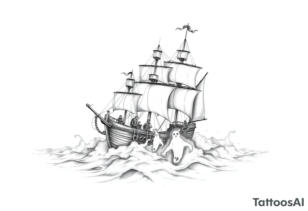 pirat-ship with ghosts surrounded by fog on sea. tattoo idea