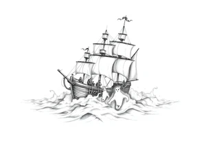 pirat-ship with ghosts surrounded by fog on sea. tattoo idea