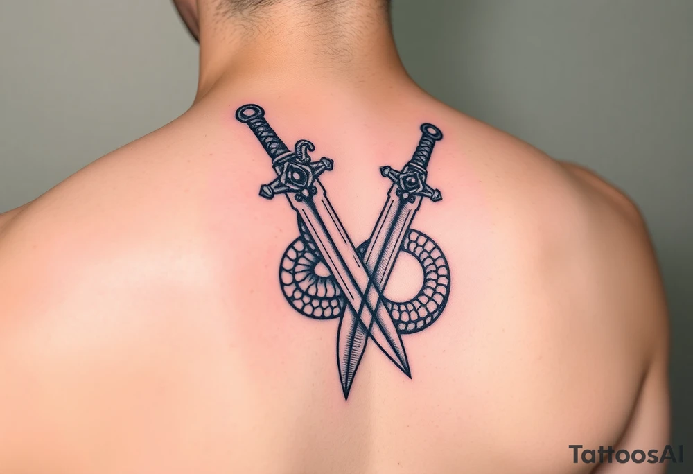 mystical snake coiled around an ancient dagger with jeweled hilt tattoo idea
