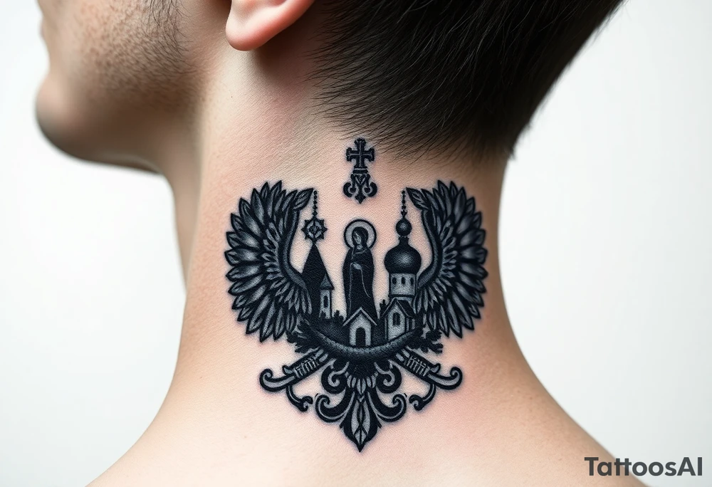 Traditional authentic Russian coat of arms with a Christian orthodox virgin marry in the middle and silhouette in a Russian wilderness Christian orthodoxy dome church village setting on the side of my neck tattoo idea