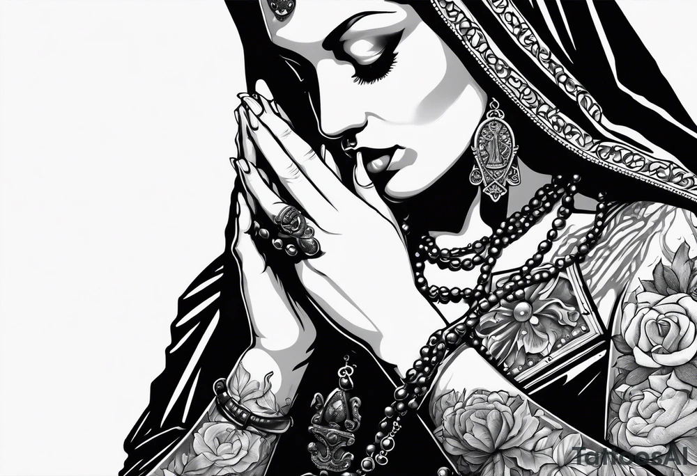 A woman’s praying hands holding a rosary catholic style tattoo idea