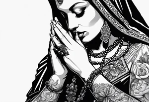 A woman’s praying hands holding a rosary catholic style tattoo idea