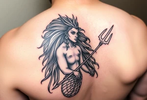 warrior mermaid, trident powerful African queen, long afro hair, beautiful, realistic, human like tattoo idea