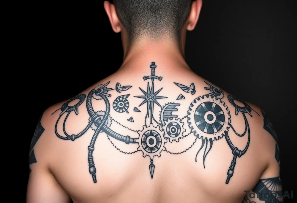 Create a full back tattoo.

I’d like the new elements to be in a different style than Polynesian, but still visually cohesive so they complement the existing tattoos rather than clash with them. Maybe steampunk, pipes, cords, cogwheels and mechanical elements tattoo idea