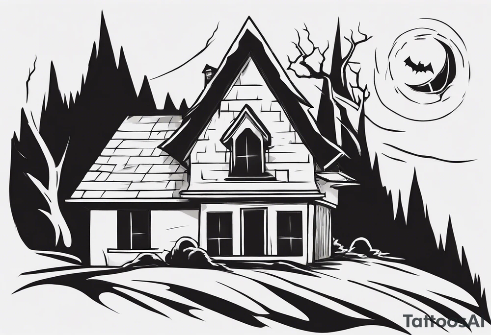 "Create a tattoo design featuring a small house with a sinister, pointy roof, enveloped in a dark atmosphere. Include a black demonic figure lifting the roof, peering out into the surroundings with an ominous presence." tattoo idea