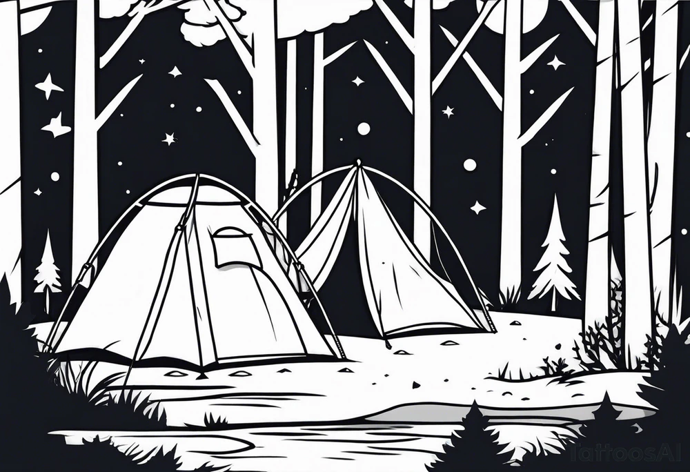 Framed forest scene at night. Pikachu camping near river tattoo idea