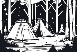 Framed forest scene at night. Pikachu camping near river tattoo idea