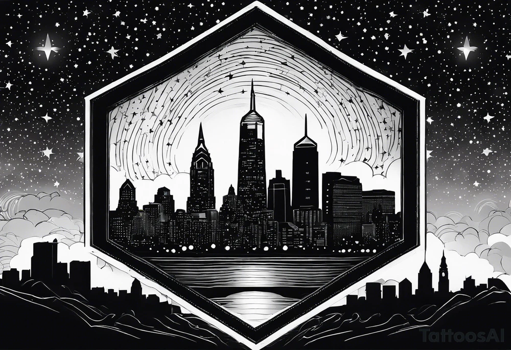 Starry sky with silhouette of Philadelphia skyline. Tattoo is embedded in a hexagonal frame tattoo idea