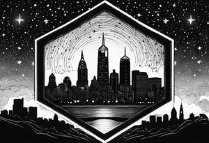 Starry sky with silhouette of Philadelphia skyline. Tattoo is embedded in a hexagonal frame tattoo idea