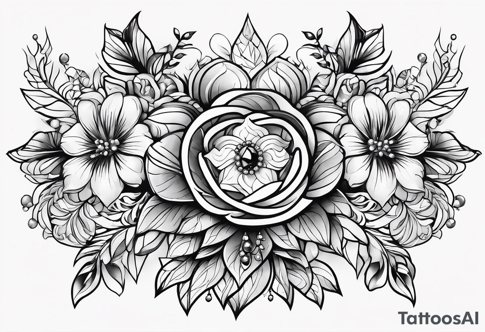 Black and white jewels and gemstones with floral tattoo idea