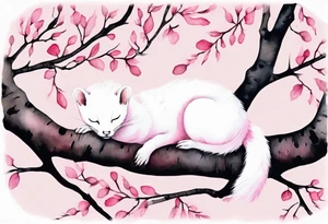 watercolor of an ermine covered in pink fur sleeping in the branches of a birch tree tattoo idea
