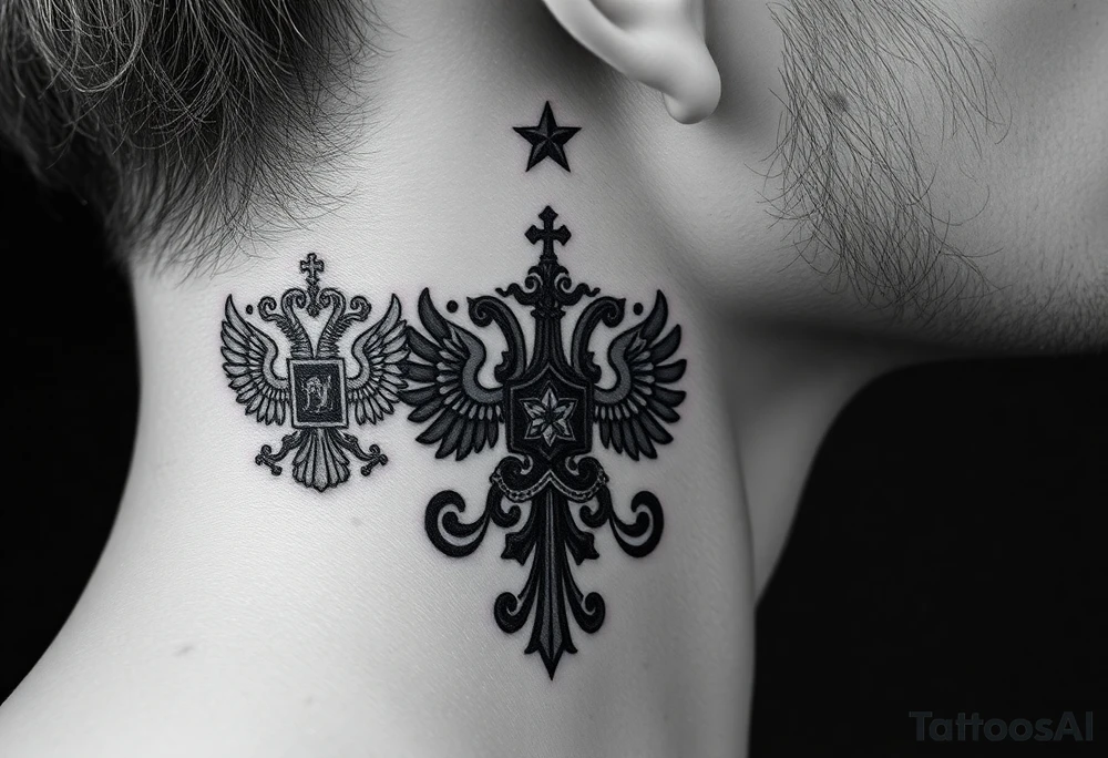 russian coat arms in a russian christian orthodox style virgin mary & orthodox dome church on the side of the neck tattoo idea