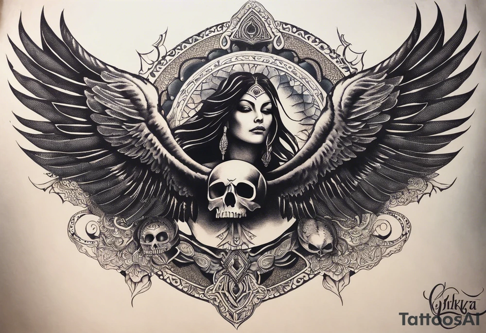 black kali, goddess pirate, alien, angel, pachamama, valkrye, warrior, flying, skull, lotus azul, wing, eagle, zenza resonance, stars, 5D, anahata chakra, death, durga, riding on a tiger, flying lady, kundalini, chest tatoo tattoo idea