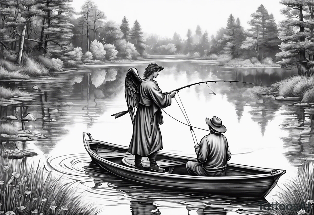 angel fishing in a lake tattoo idea