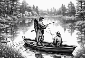 angel fishing in a lake tattoo idea